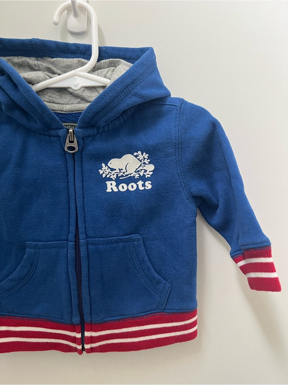 Roots Toddler Soft Blue Zip Hoodie with Red-Striped Trim - Picture 3 of 9